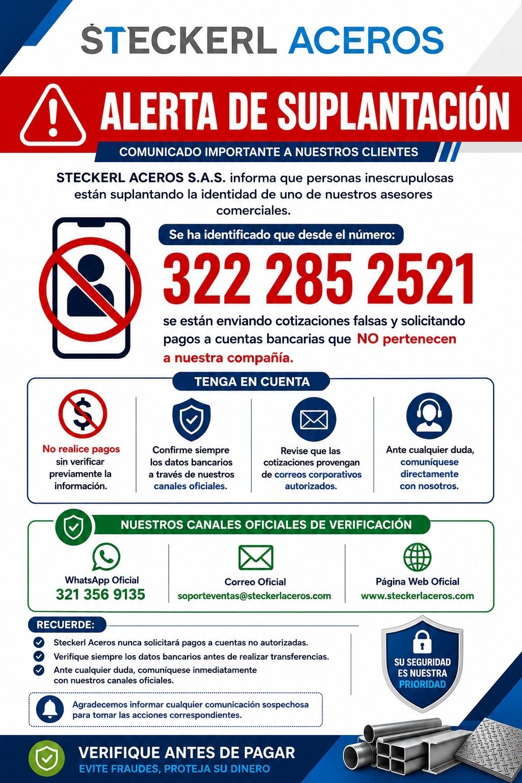 Comunicado: alerta de suplantación. Verifique antes de pagar usando nuestros canales oficiales.